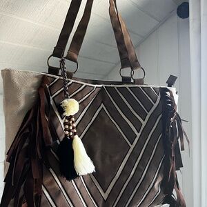 Large Brown and Cream Tote with Tassel